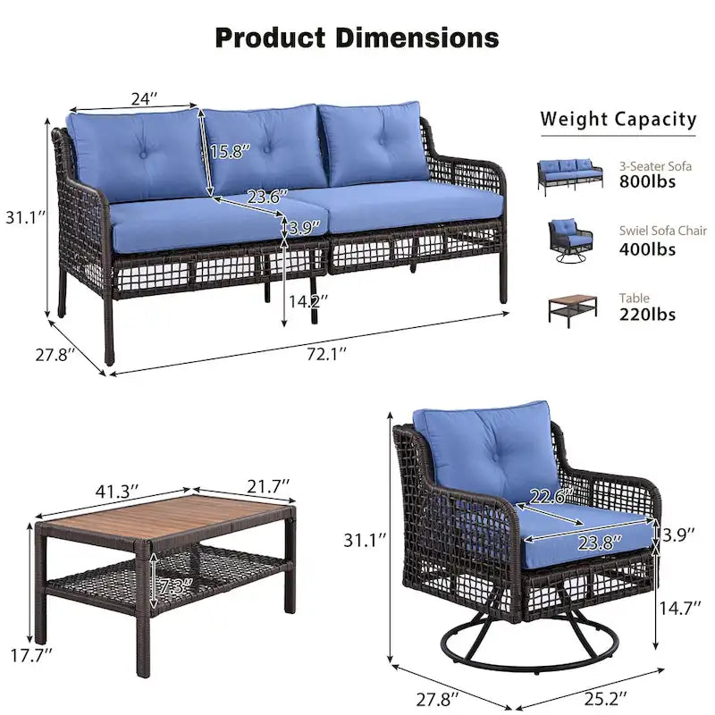 72.1 W Outdoor Conversation Wicker Sofas 4 Pieces Patio Furniture Set with Swivel Chairs