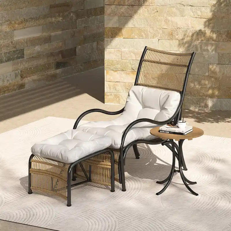 Roomfitters 3-Piece Wicker Patio Furniture Set with Lounge Chair, Ottoman, and Cushions for Garden or Deck