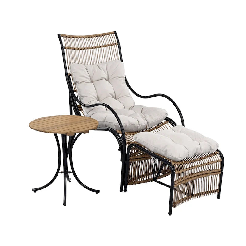 Roomfitters 3-Piece Wicker Patio Furniture Set with Lounge Chair, Ottoman, and Cushions for Garden or Deck