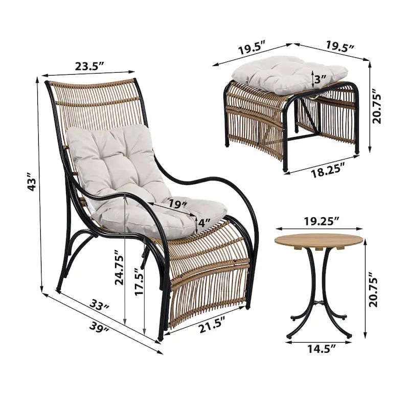 Roomfitters 3-Piece Wicker Patio Furniture Set with Lounge Chair, Ottoman, and Cushions for Garden or Deck