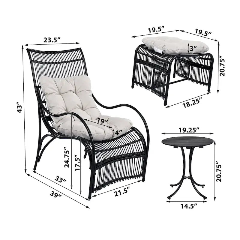 Roomfitters 3-Piece Wicker Patio Furniture Set with Lounge Chair, Ottoman, and Cushions for Garden or Deck