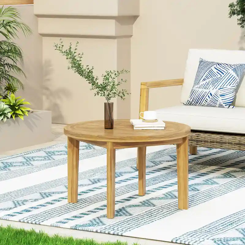 Roomfitters Round Patio Coffee Table, Solid Acacia Wood Slatted Top with Tapered Legs, Natural Wood