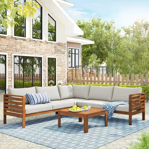 4-Piece Acacia Wood L-Shaped Sectional Sofa Set with Table