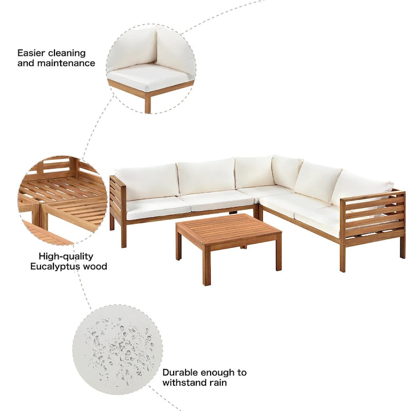 4-Piece Acacia Wood L-Shaped Sectional Sofa Set with Table
