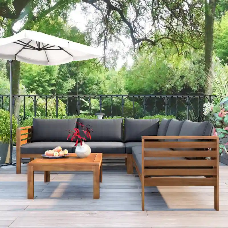 4-Piece Acacia Wood L-Shaped Sectional Sofa Set with Table