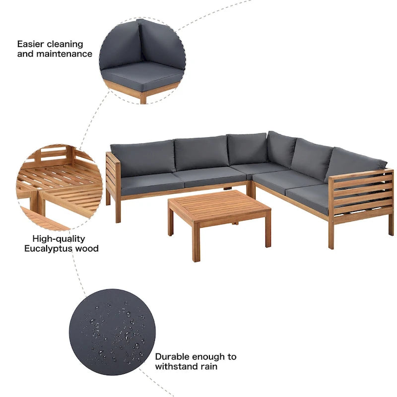 4-Piece Acacia Wood L-Shaped Sectional Sofa Set with Table