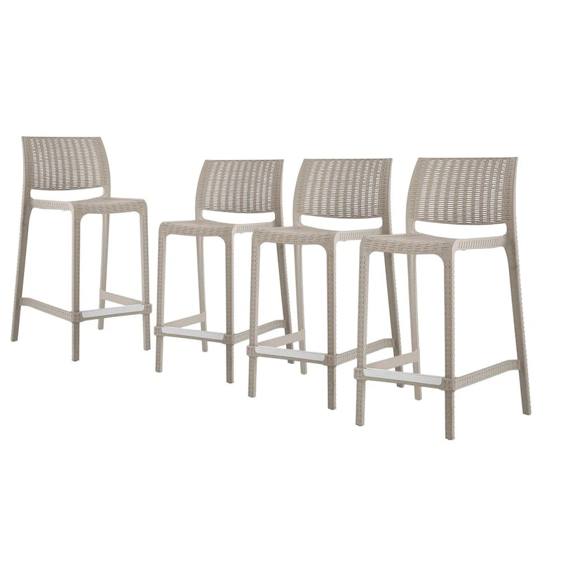 HomeRoots Set of Four 26  Taupe Faux Rattan Heavy Duty Plastic Low Back Outdoor Counter Height Bar Chairs