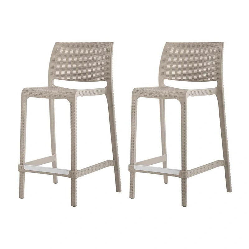 HomeRoots Set of Four 26  Taupe Faux Rattan Heavy Duty Plastic Low Back Outdoor Counter Height Bar Chairs