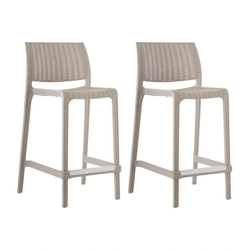 HomeRoots Set of Four 26  Taupe Faux Rattan Heavy Duty Plastic Low Back Outdoor Counter Height Bar Chairs