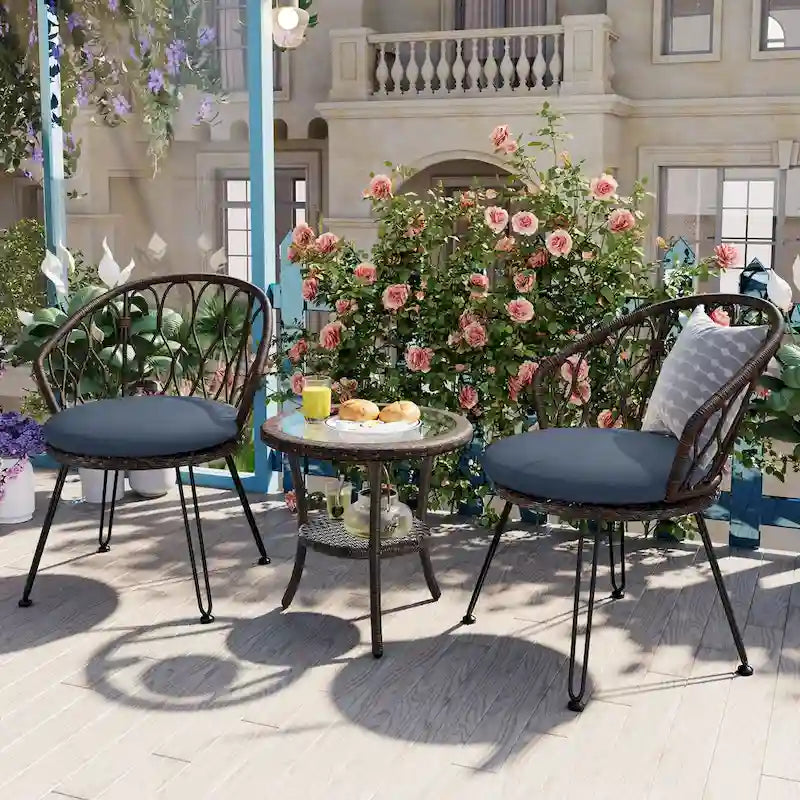 3 Piece Patio Bistro Set with Glass Table, Outdoor Rattan Chairs Set with Curved Backrest & Cushion for Balcony Patio