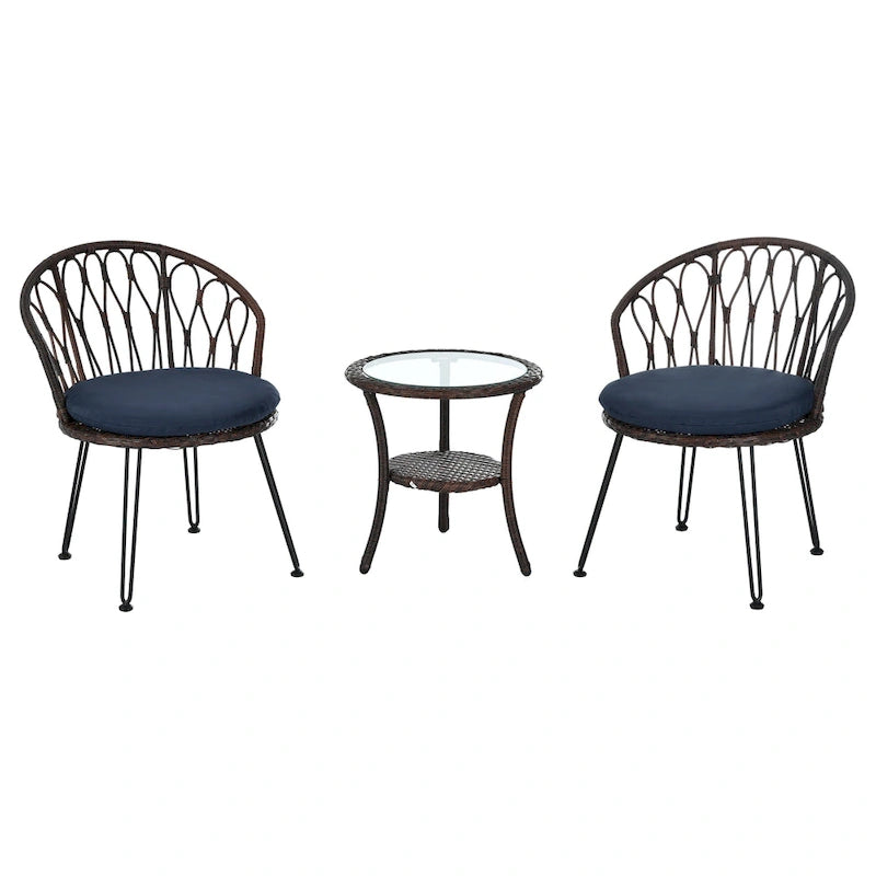 3 Piece Patio Bistro Set with Glass Table, Outdoor Rattan Chairs Set with Curved Backrest & Cushion for Balcony Patio