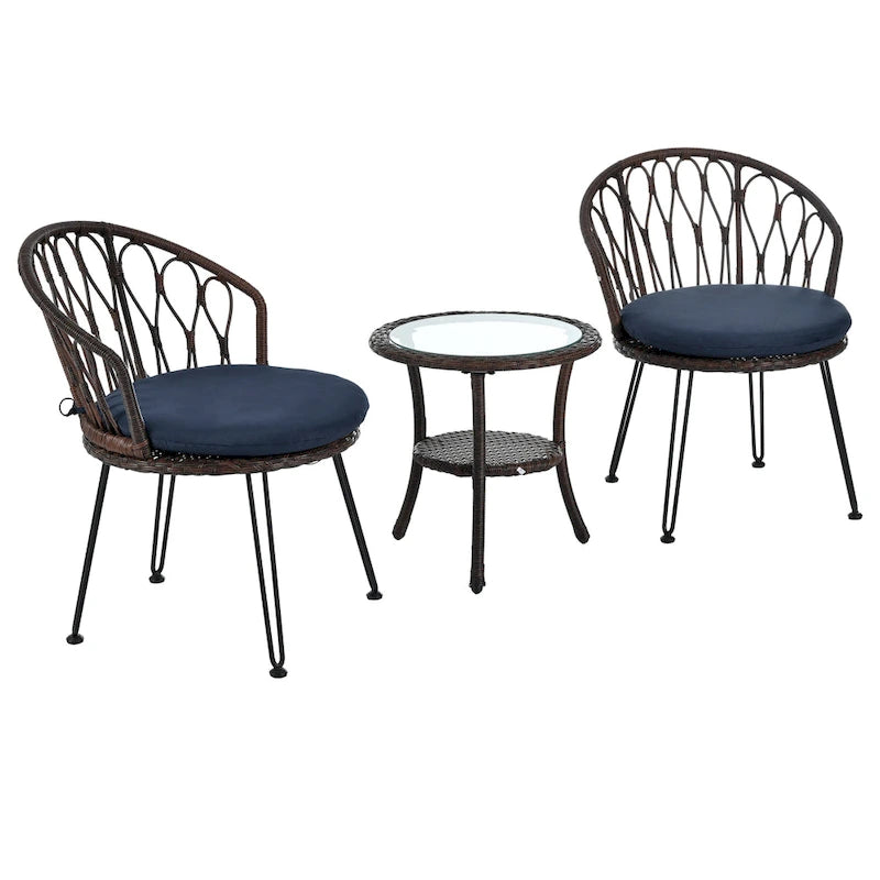 3 Piece Patio Bistro Set with Glass Table, Outdoor Rattan Chairs Set with Curved Backrest & Cushion for Balcony Patio