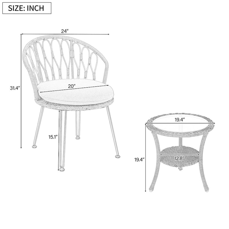 3 Piece Patio Bistro Set with Glass Table, Outdoor Rattan Chairs Set with Curved Backrest & Cushion for Balcony Patio