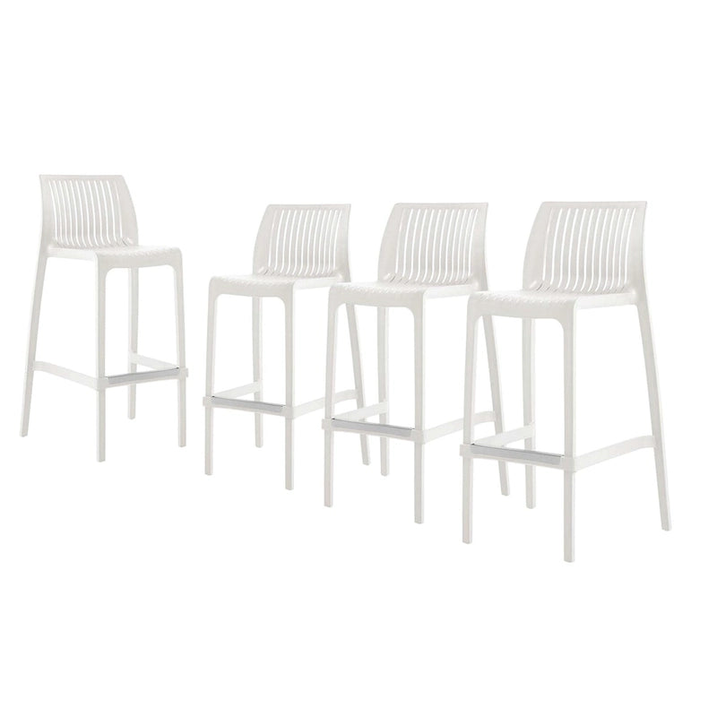 HomeRoots Set of Four 30  White Heavy Duty Plastic Low Back Outdoor Bar Height Chairs