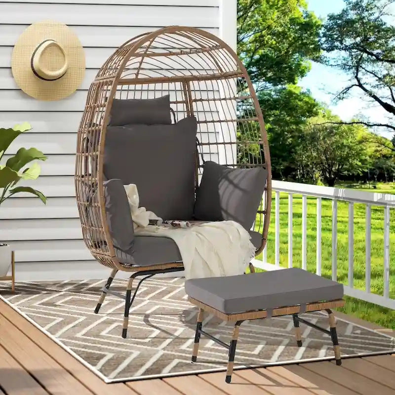 Wicker Rattan Egg Chair with Ottoman and Cushions for Porch, Backyard, Balcony