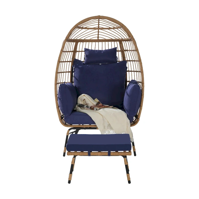 Wicker Rattan Egg Chair with Ottoman and Cushions for Porch, Backyard, Balcony