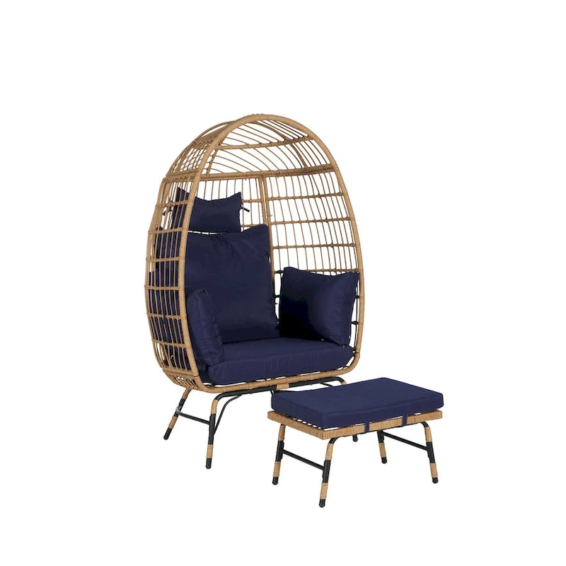 Wicker Rattan Egg Chair with Ottoman and Cushions for Porch, Backyard, Balcony