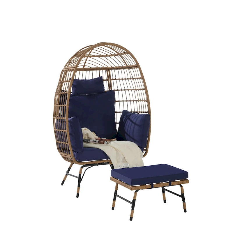 Wicker Rattan Egg Chair with Ottoman and Cushions for Porch, Backyard, Balcony