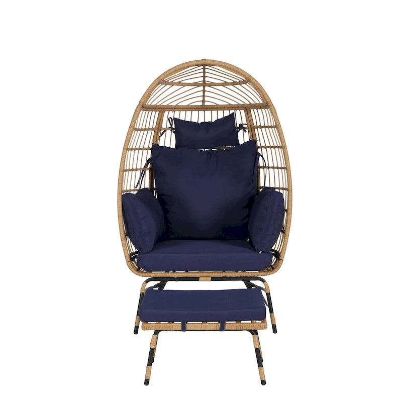 Wicker Rattan Egg Chair with Ottoman and Cushions for Porch, Backyard, Balcony