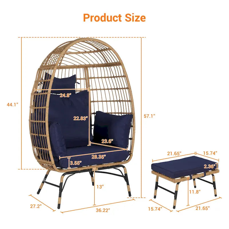 Wicker Rattan Egg Chair with Ottoman and Cushions for Porch, Backyard, Balcony