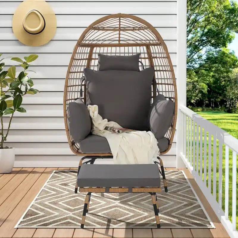 Wicker Rattan Egg Chair with Ottoman and Cushions for Porch, Backyard, Balcony