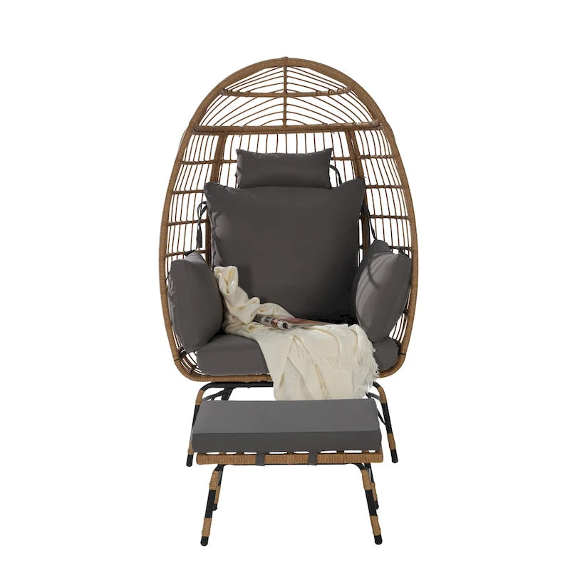 Wicker Rattan Egg Chair with Ottoman and Cushions for Porch, Backyard, Balcony