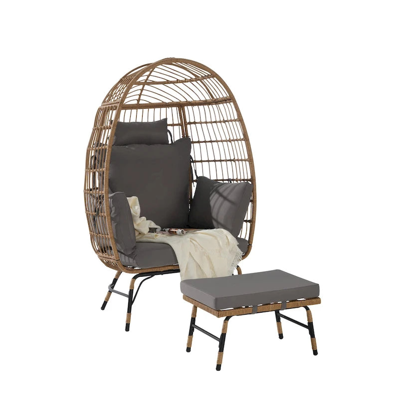 Wicker Rattan Egg Chair with Ottoman and Cushions for Porch, Backyard, Balcony