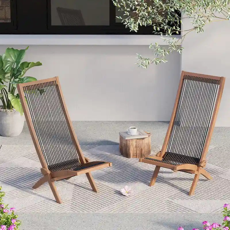 EROMMY 2-Piece Folding Acacia Wood Chairs Set - Standard & Rope Design Patio Chairs for Garden, Camping, Balcony
