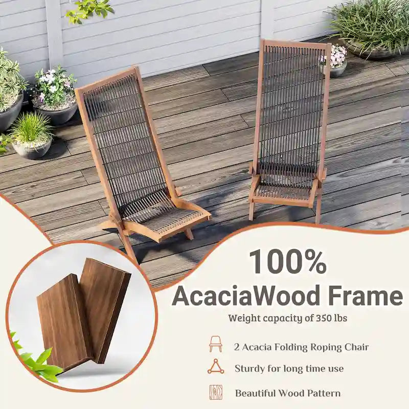 EROMMY 2-Piece Folding Acacia Wood Chairs Set - Standard & Rope Design Patio Chairs for Garden, Camping, Balcony