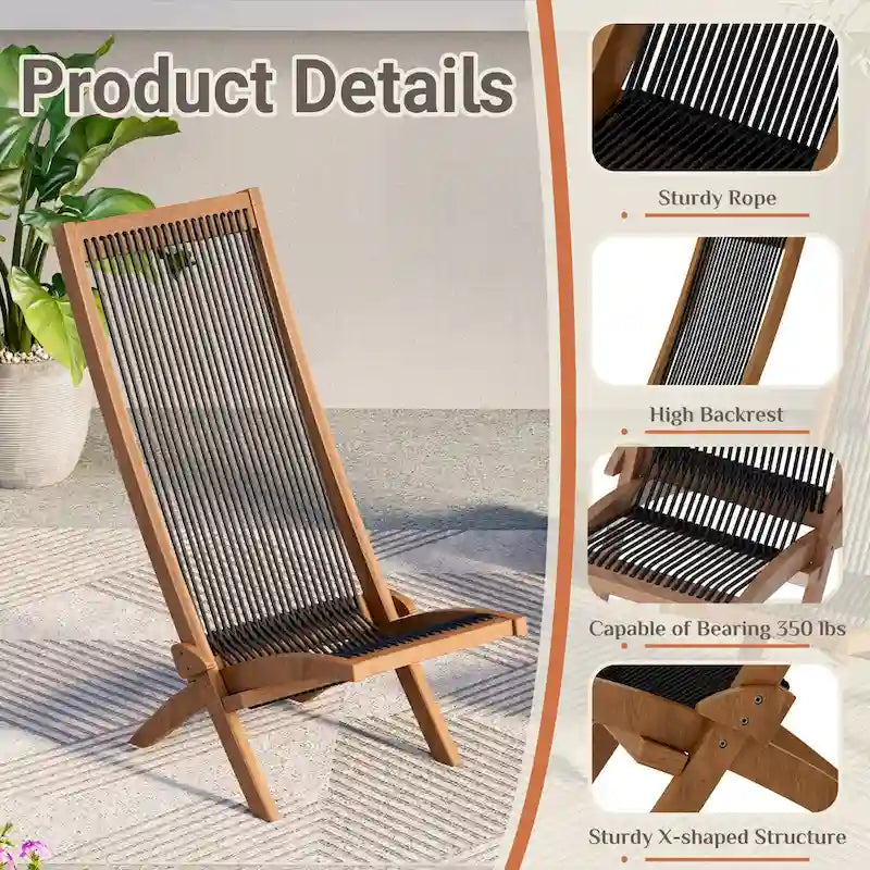 EROMMY 2-Piece Folding Acacia Wood Chairs Set - Standard & Rope Design Patio Chairs for Garden, Camping, Balcony