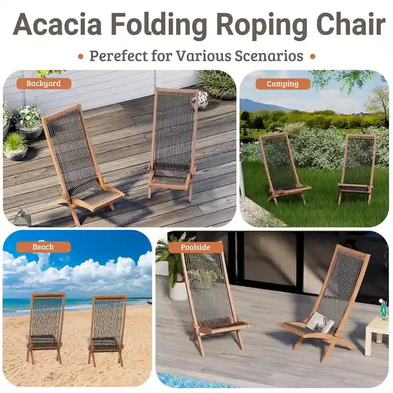 EROMMY 2-Piece Folding Acacia Wood Chairs Set - Standard & Rope Design Patio Chairs for Garden, Camping, Balcony