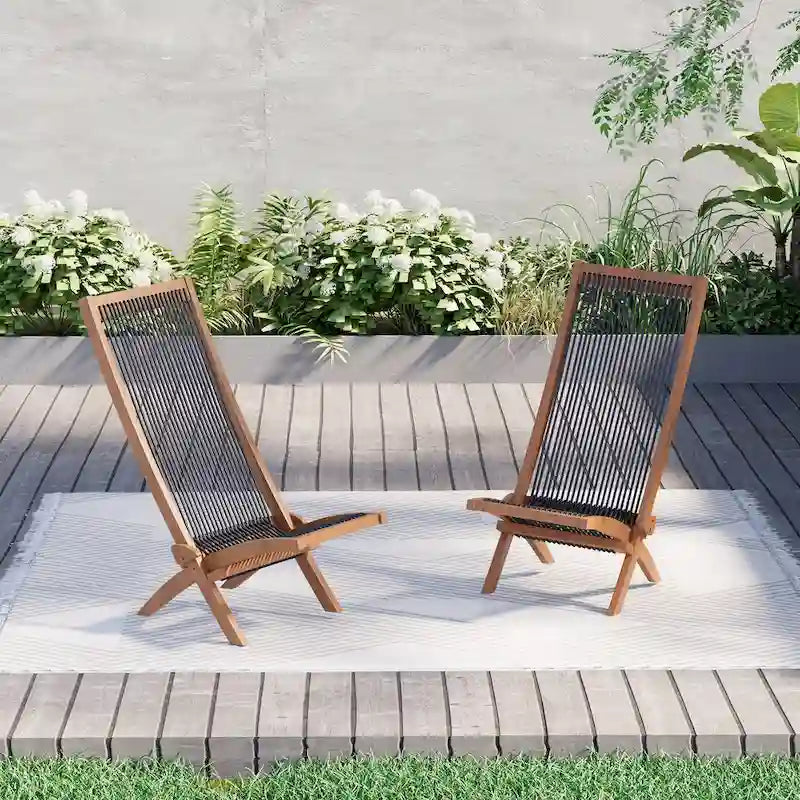 EROMMY 2-Piece Folding Acacia Wood Chairs Set - Standard & Rope Design Patio Chairs for Garden, Camping, Balcony