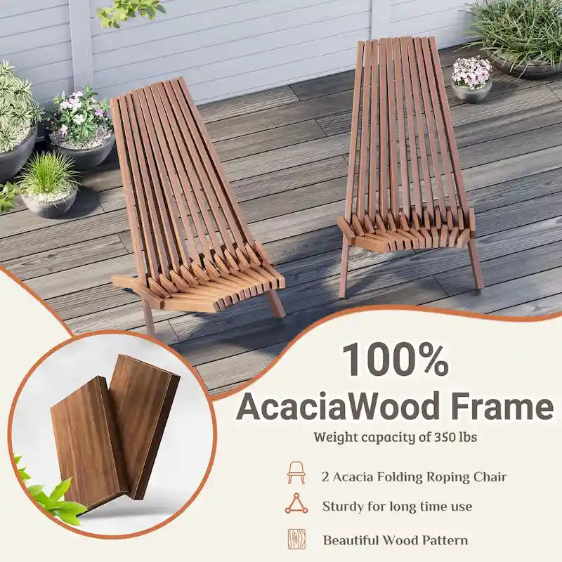 EROMMY 2-Piece Folding Acacia Wood Chairs Set - Standard & Rope Design Patio Chairs for Garden, Camping, Balcony