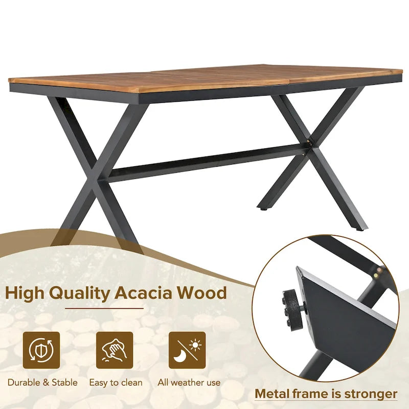 7-Piece Outdoor Patio Metal Frame Dining Set with 6 Cushioned Chairs and Acacia Wood Tabletop