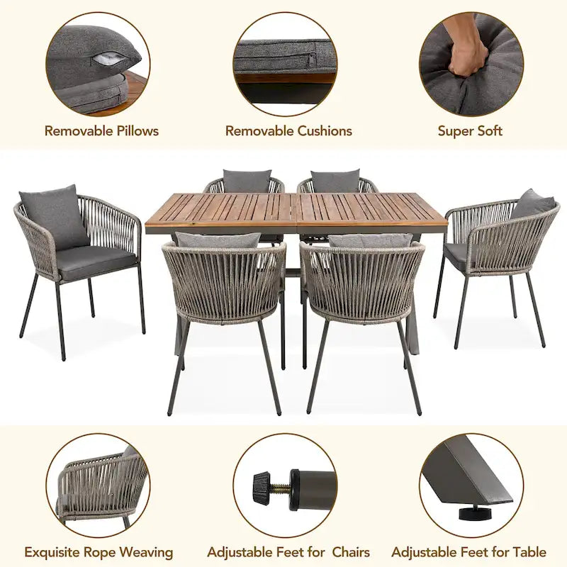 7-Piece Outdoor Patio Metal Frame Dining Set with 6 Cushioned Chairs and Acacia Wood Tabletop