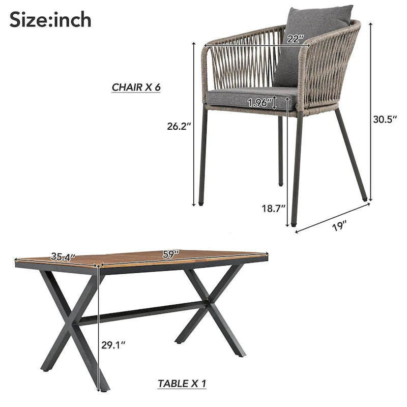 7-Piece Outdoor Patio Metal Frame Dining Set with 6 Cushioned Chairs and Acacia Wood Tabletop