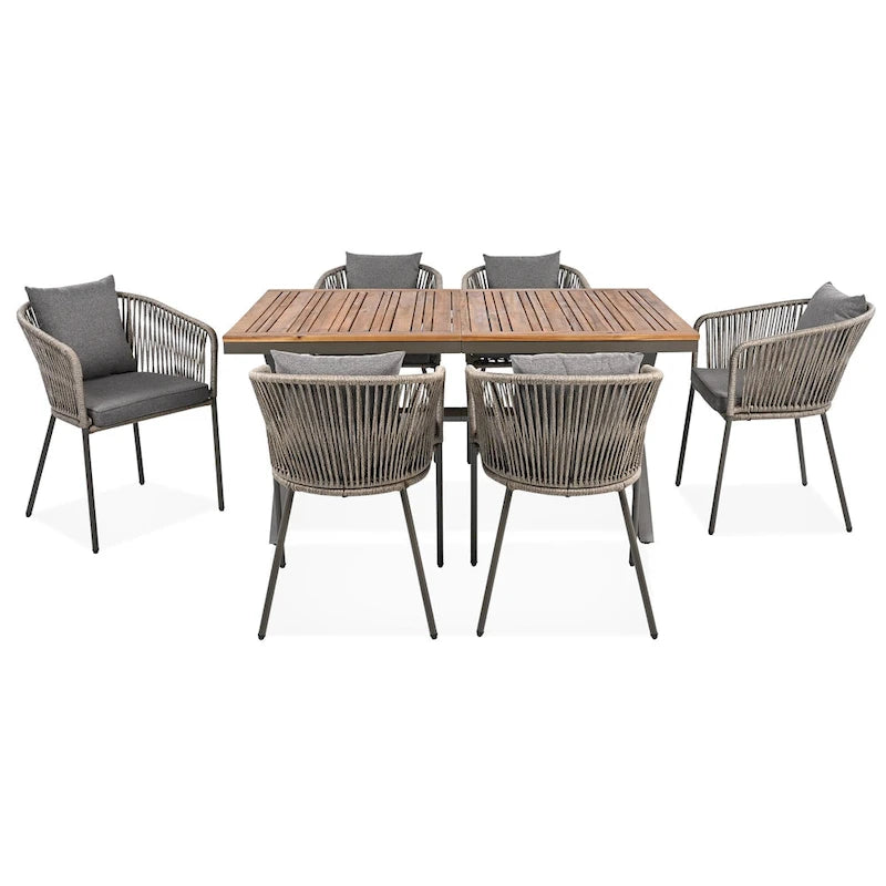7-Piece Outdoor Patio Metal Frame Dining Set with 6 Cushioned Chairs and Acacia Wood Tabletop