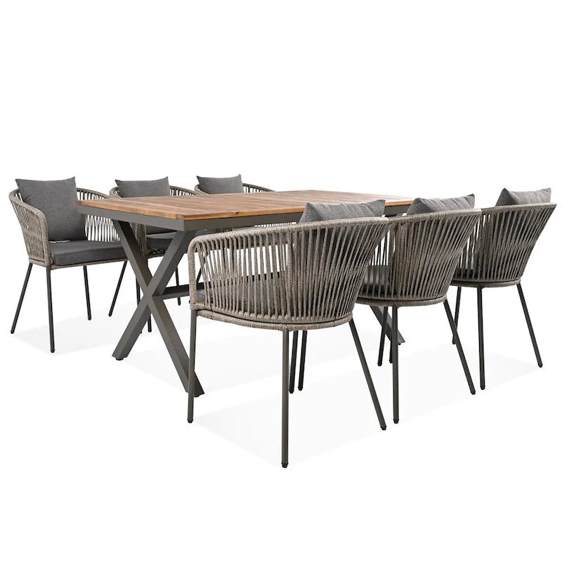 7-Piece Outdoor Patio Metal Frame Dining Set with 6 Cushioned Chairs and Acacia Wood Tabletop