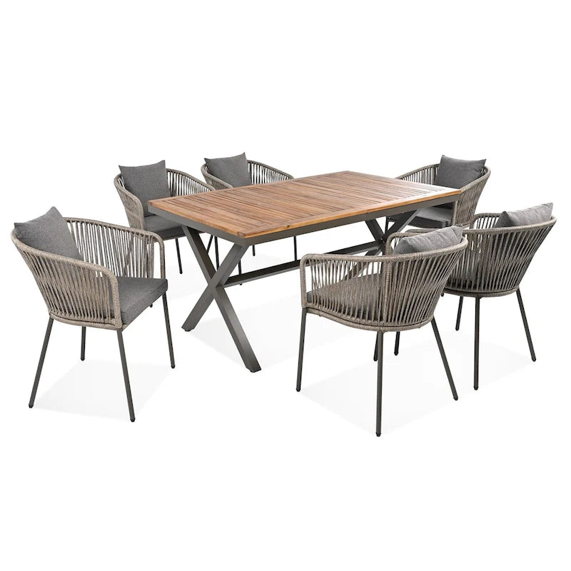 7-Piece Outdoor Patio Metal Frame Dining Set with 6 Cushioned Chairs and Acacia Wood Tabletop
