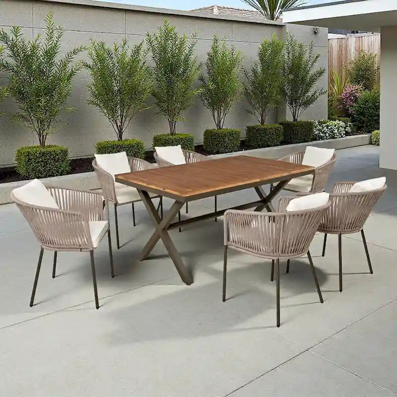 7-Piece Outdoor Patio Metal Frame Dining Set with 6 Cushioned Chairs and Acacia Wood Tabletop