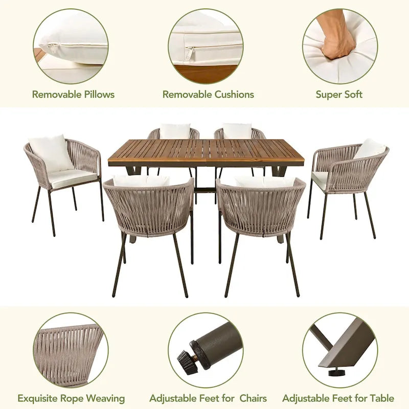 7-Piece Outdoor Patio Metal Frame Dining Set with 6 Cushioned Chairs and Acacia Wood Tabletop