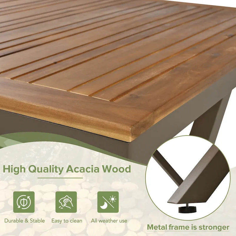 7-Piece Outdoor Patio Metal Frame Dining Set with 6 Cushioned Chairs and Acacia Wood Tabletop