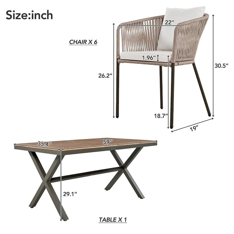 7-Piece Outdoor Patio Metal Frame Dining Set with 6 Cushioned Chairs and Acacia Wood Tabletop