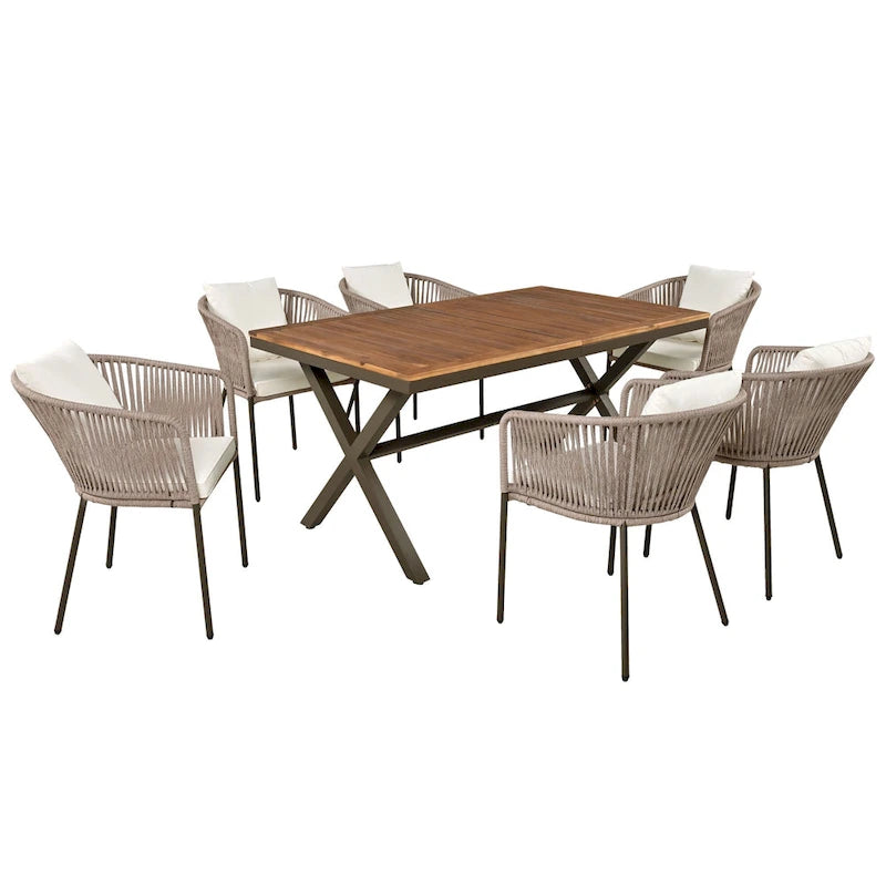 7-Piece Outdoor Patio Metal Frame Dining Set with 6 Cushioned Chairs and Acacia Wood Tabletop