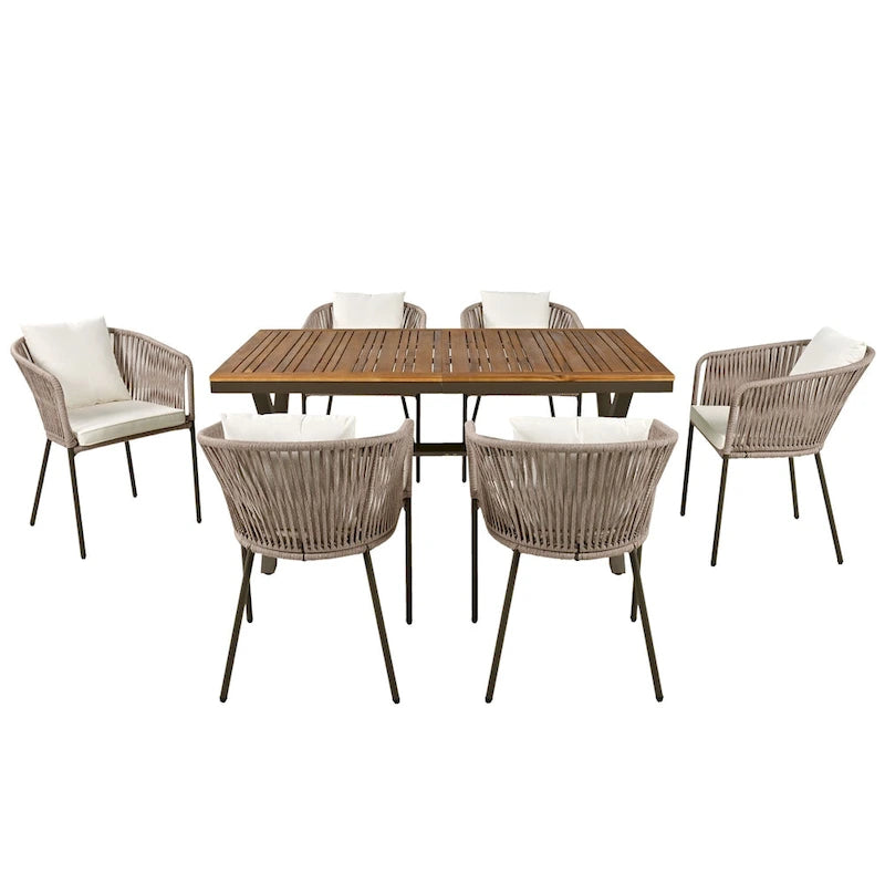 7-Piece Outdoor Patio Metal Frame Dining Set with 6 Cushioned Chairs and Acacia Wood Tabletop