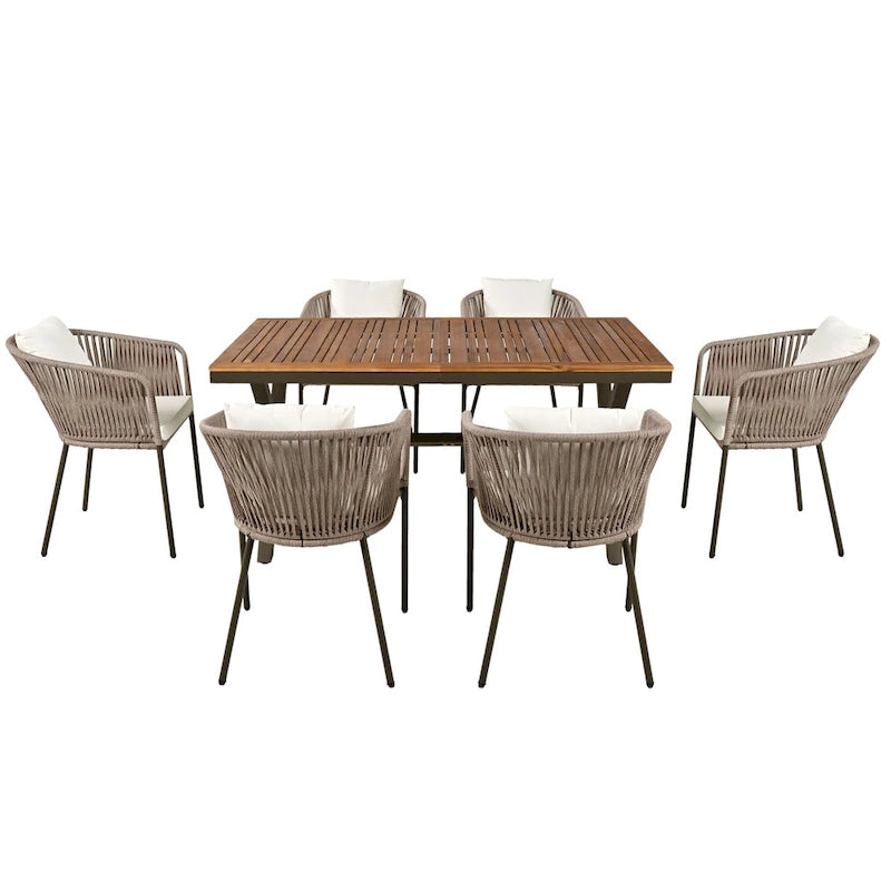 7-Piece Outdoor Patio Metal Frame Dining Set with 6 Cushioned Chairs and Acacia Wood Tabletop
