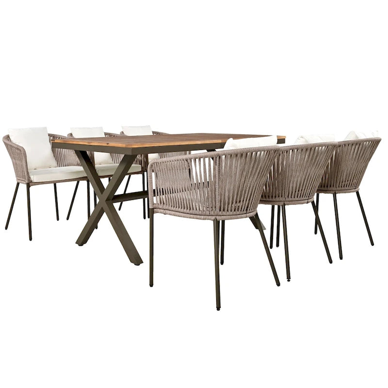 7-Piece Outdoor Patio Metal Frame Dining Set with 6 Cushioned Chairs and Acacia Wood Tabletop