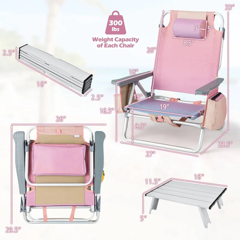 Gymax 2PCS Folding Backpack Beach Chair Table Set 5-Position Outdoor