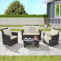 4 Piece Patio Furniture Set, Outdoor Rattan Wicker Sofa Set with Water Resistant Cushion and Tempered Glass Coffee Table