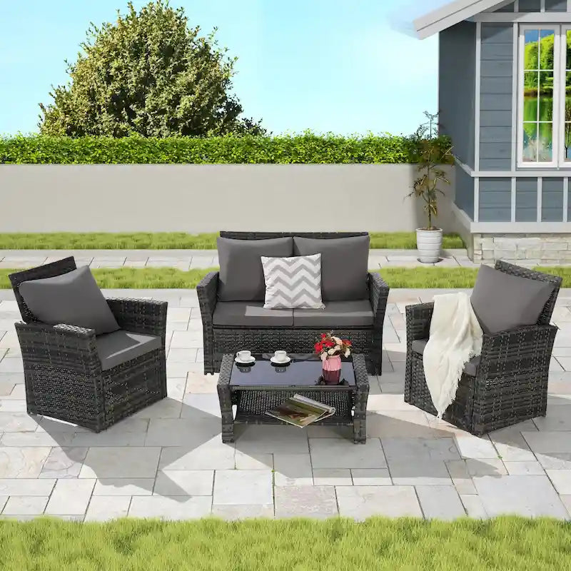 4 Piece Patio Furniture Set, Outdoor Rattan Wicker Sofa Set with Water Resistant Cushion and Tempered Glass Coffee Table